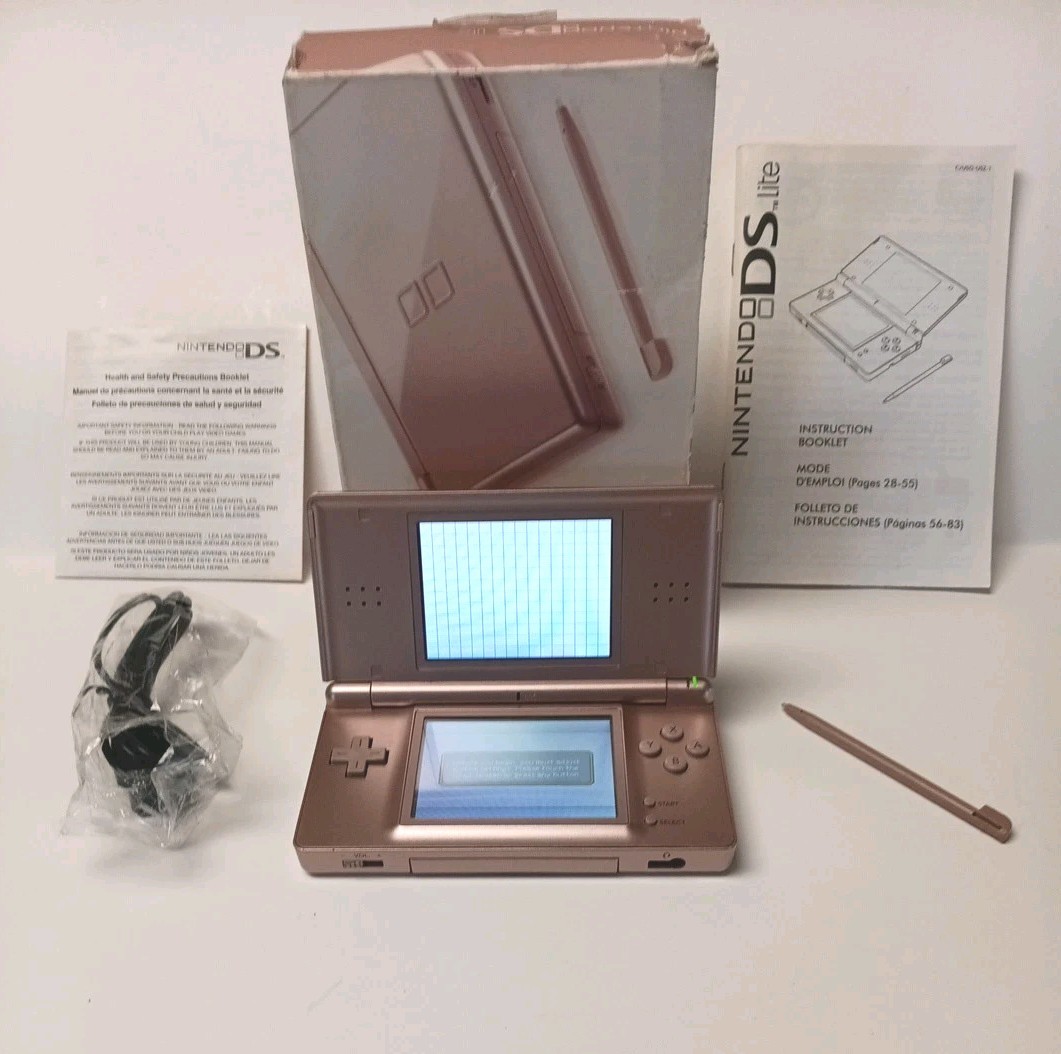 Nintendo DS Lite Metallic Rose Pink System And Adaptor No Charger Tested