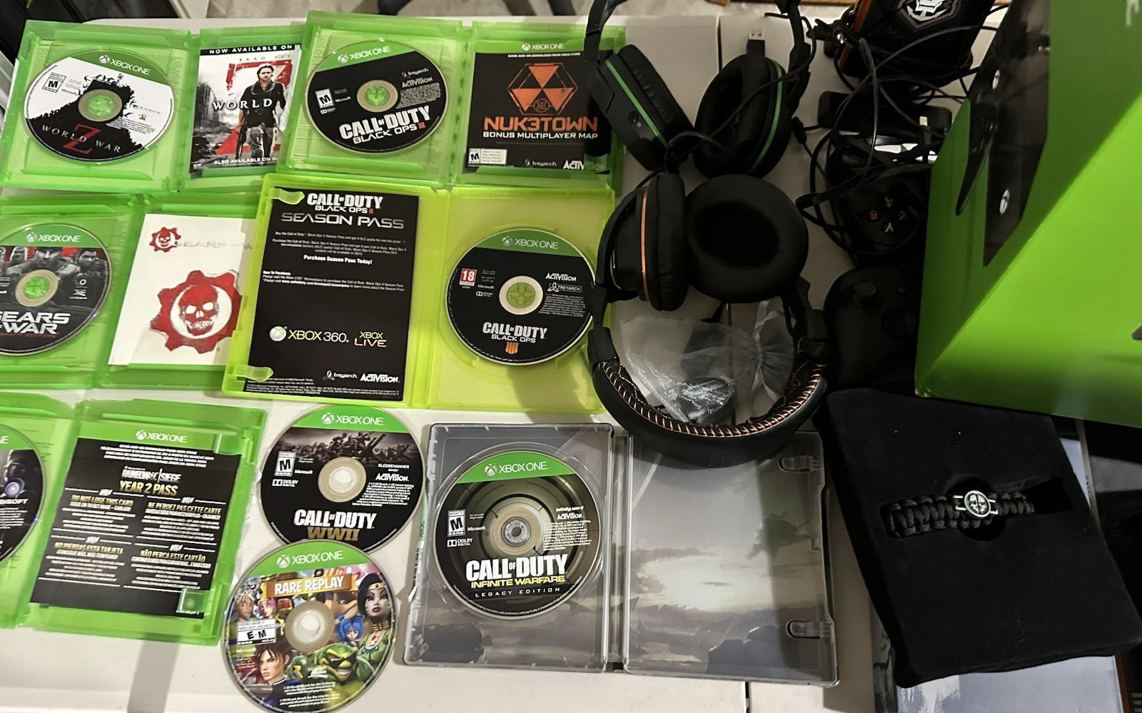 Microsoft Xbox One in box 1TB expansion 7games 2 headsets 3 controllers plus
