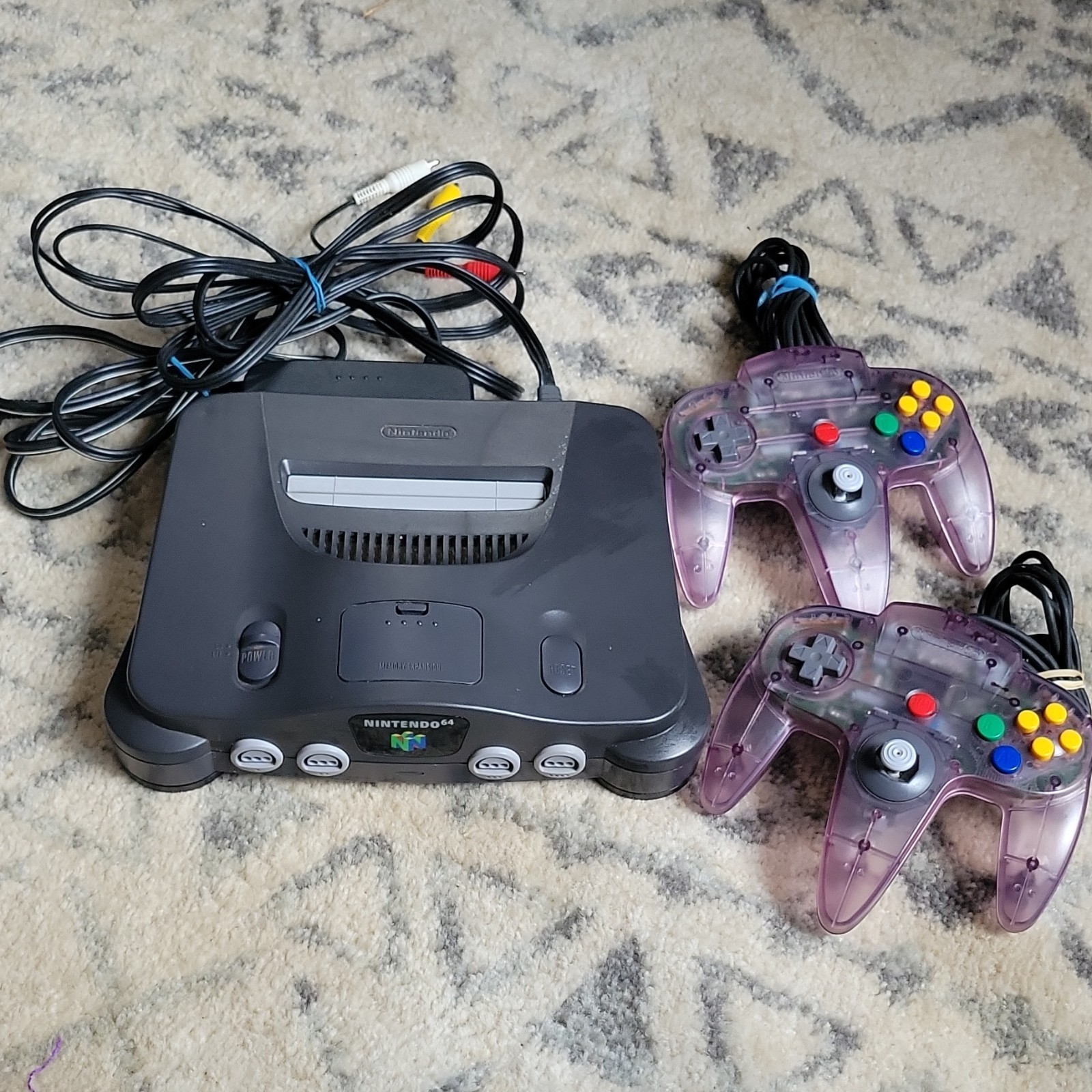 Nintendo 64 NUS-001 Gray Console with 2 Purple Controllers & AV Cables