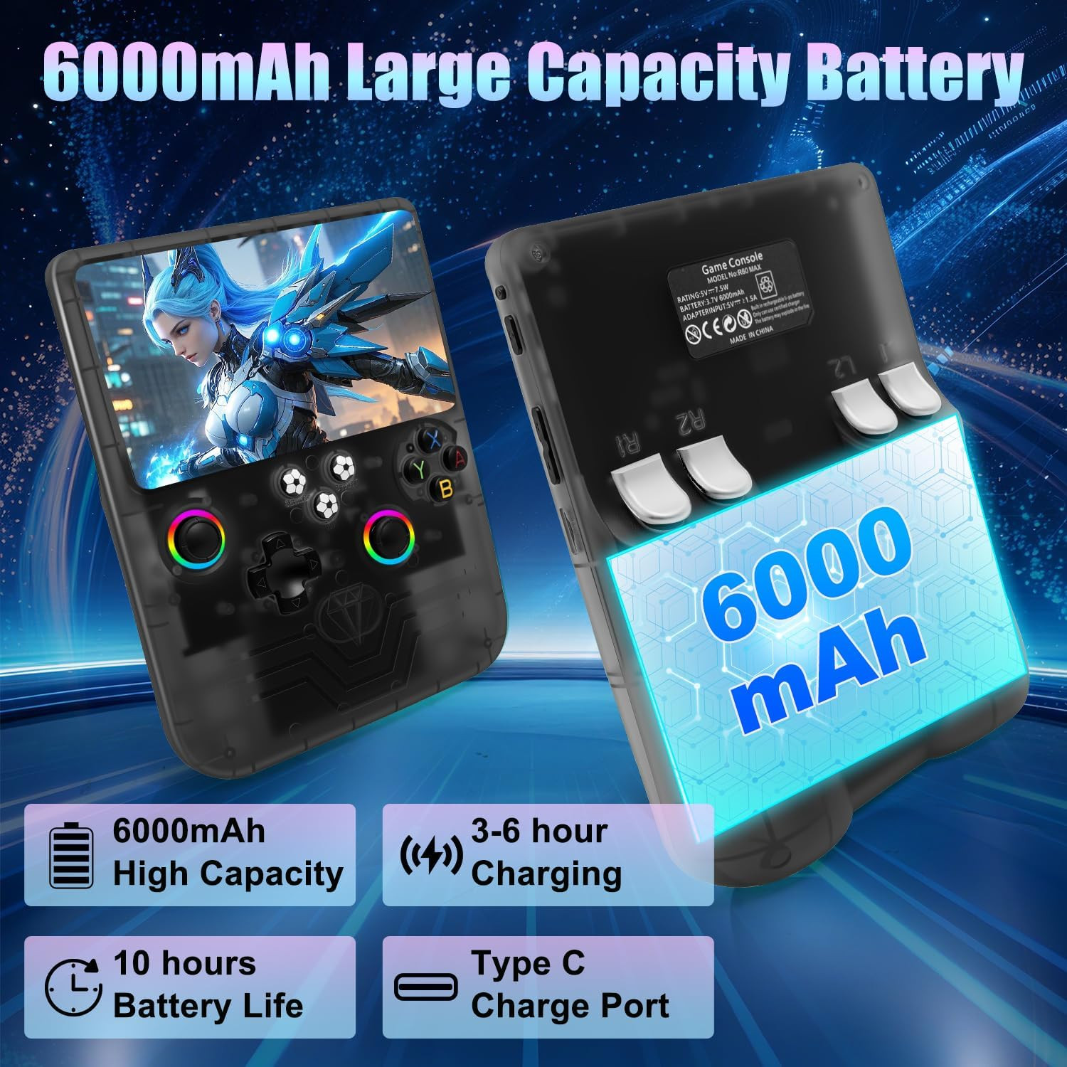 R60 Max Handheld Game Console,128Gb Retro Gaming Console with 40,000+ Games, 6-I