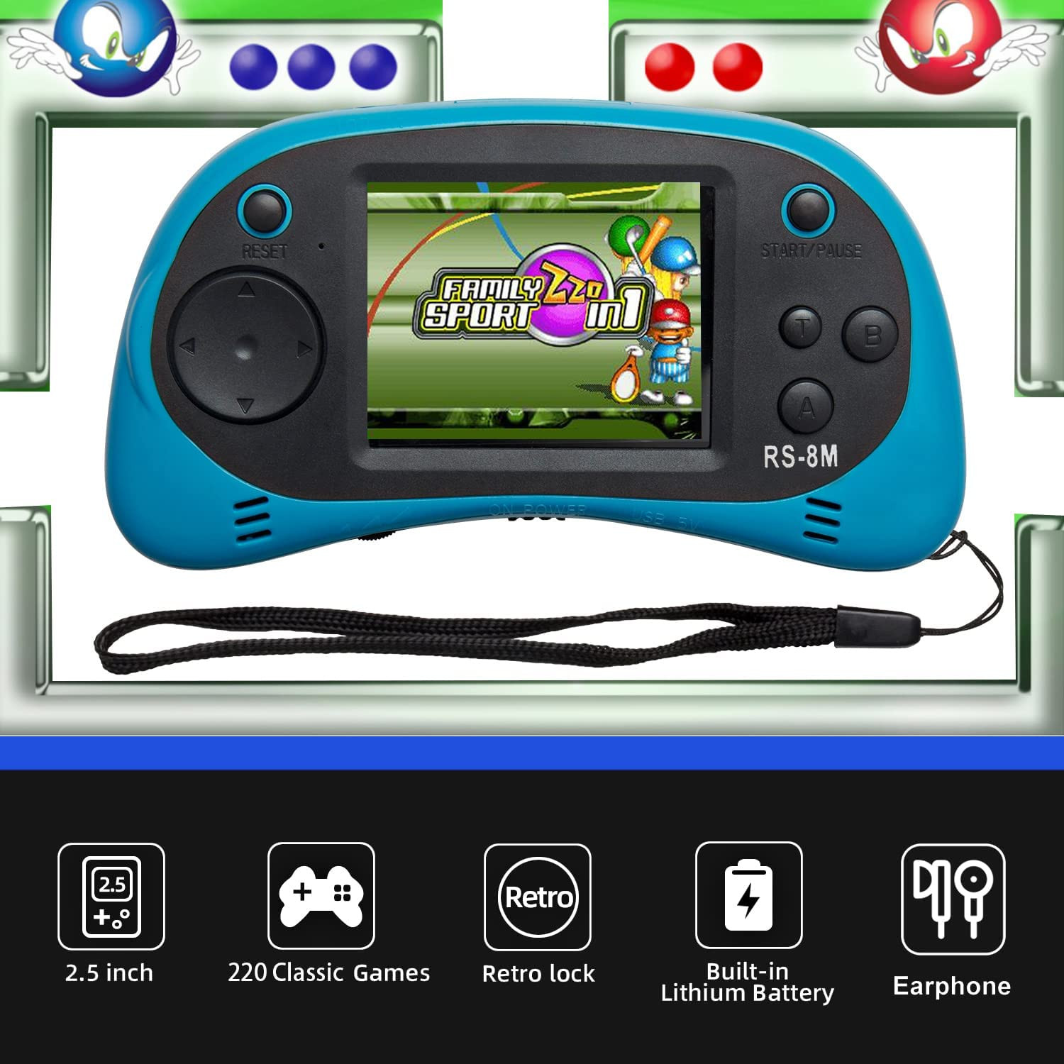 16 Bit Kids Handheld Games Built-In 220 HD Video Games, 2.5 Inch Portable Game