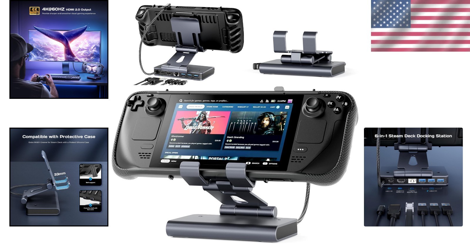 Compact 4K HDMI Dock for Steam Deck: 6-in-1 Hub with USB & Charging Ports