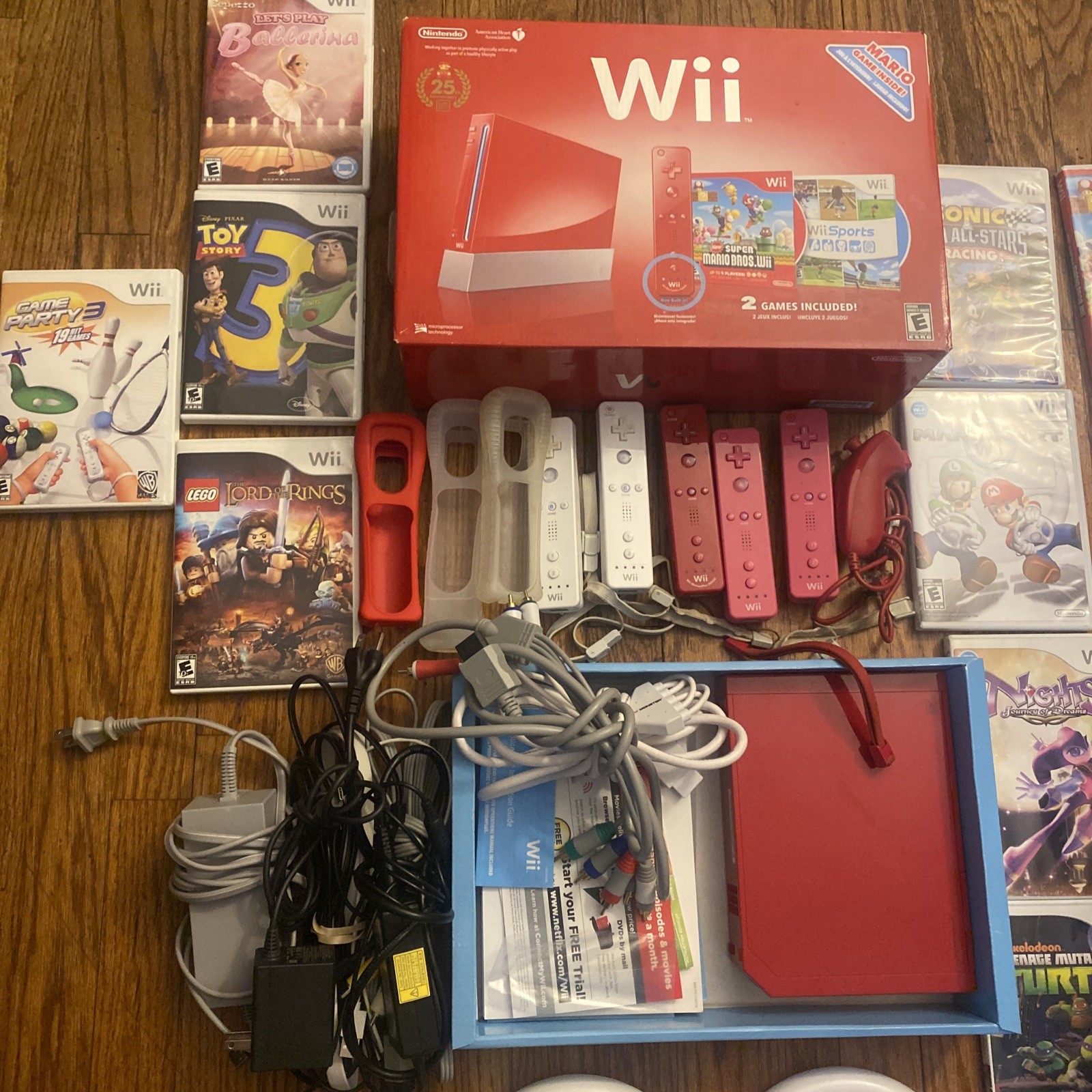 Nintendo Wii Red Backwards Compatible Pristine W/16 Games Plus Accessories