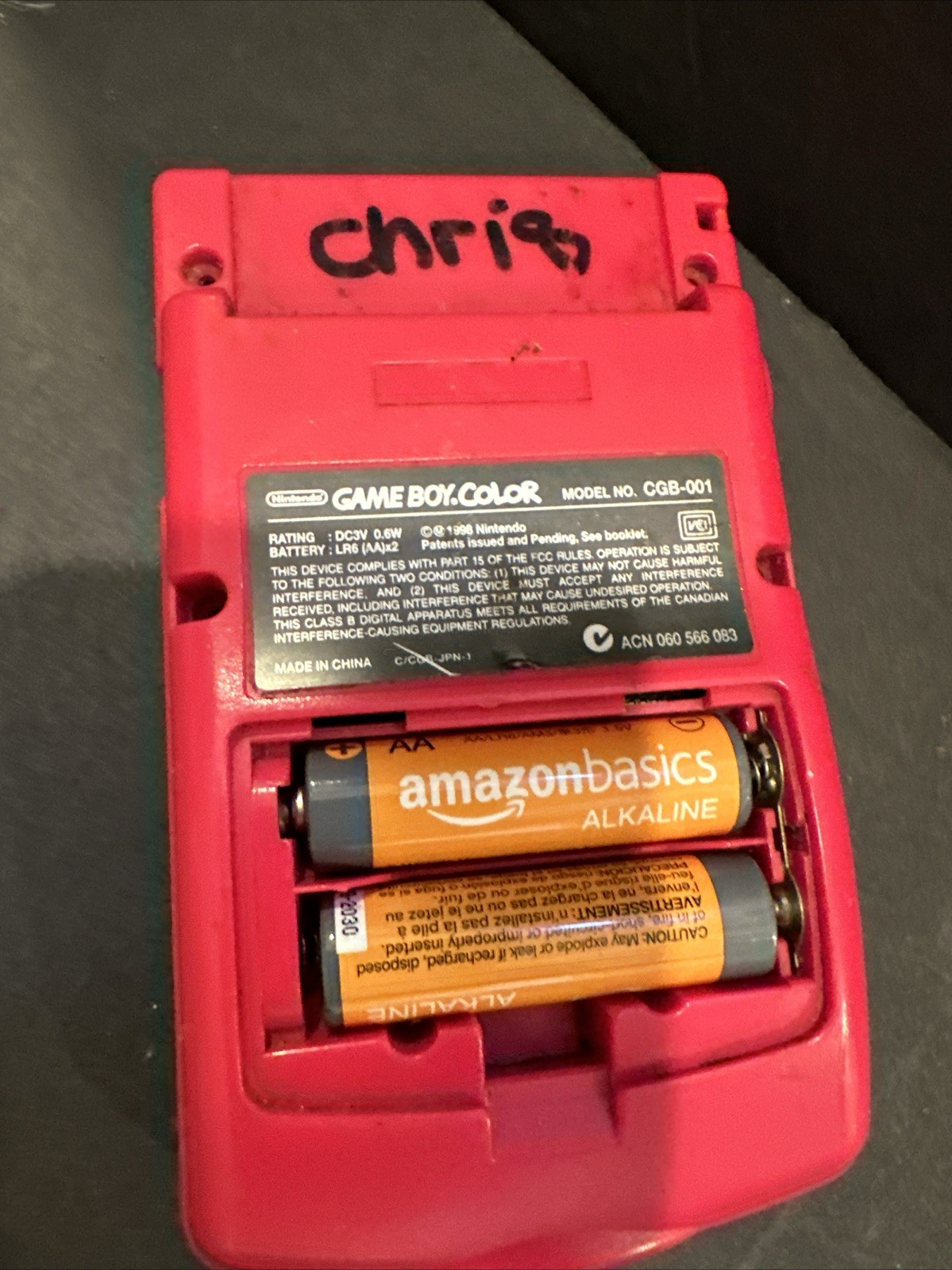 Nintendo Game Boy RED no battery cover and written ON WITH MARKER #R32
