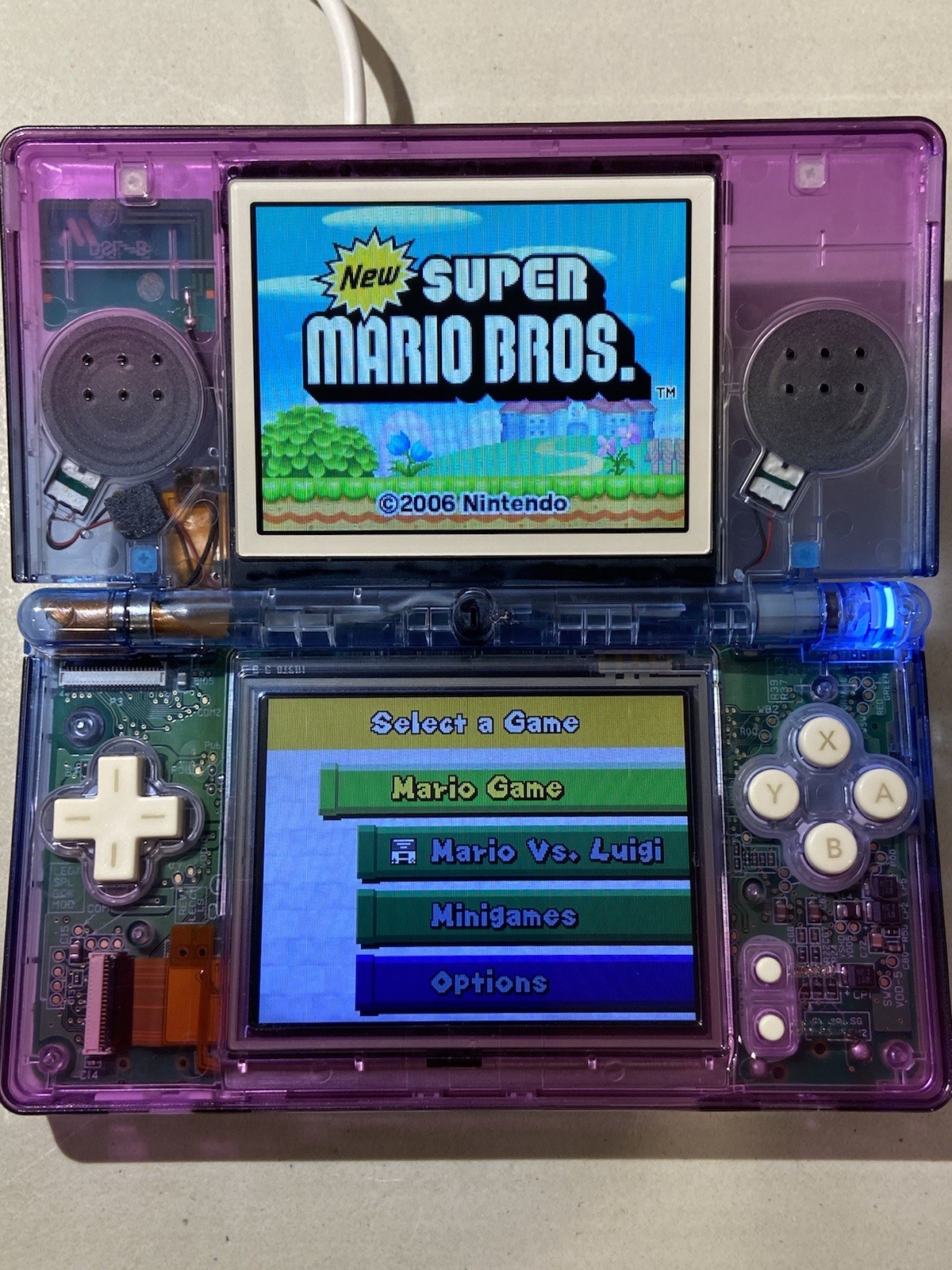 Nintendo DS Lite Transparent USB-C Blue/Purple/White Ultraviolet LED Handheld #9