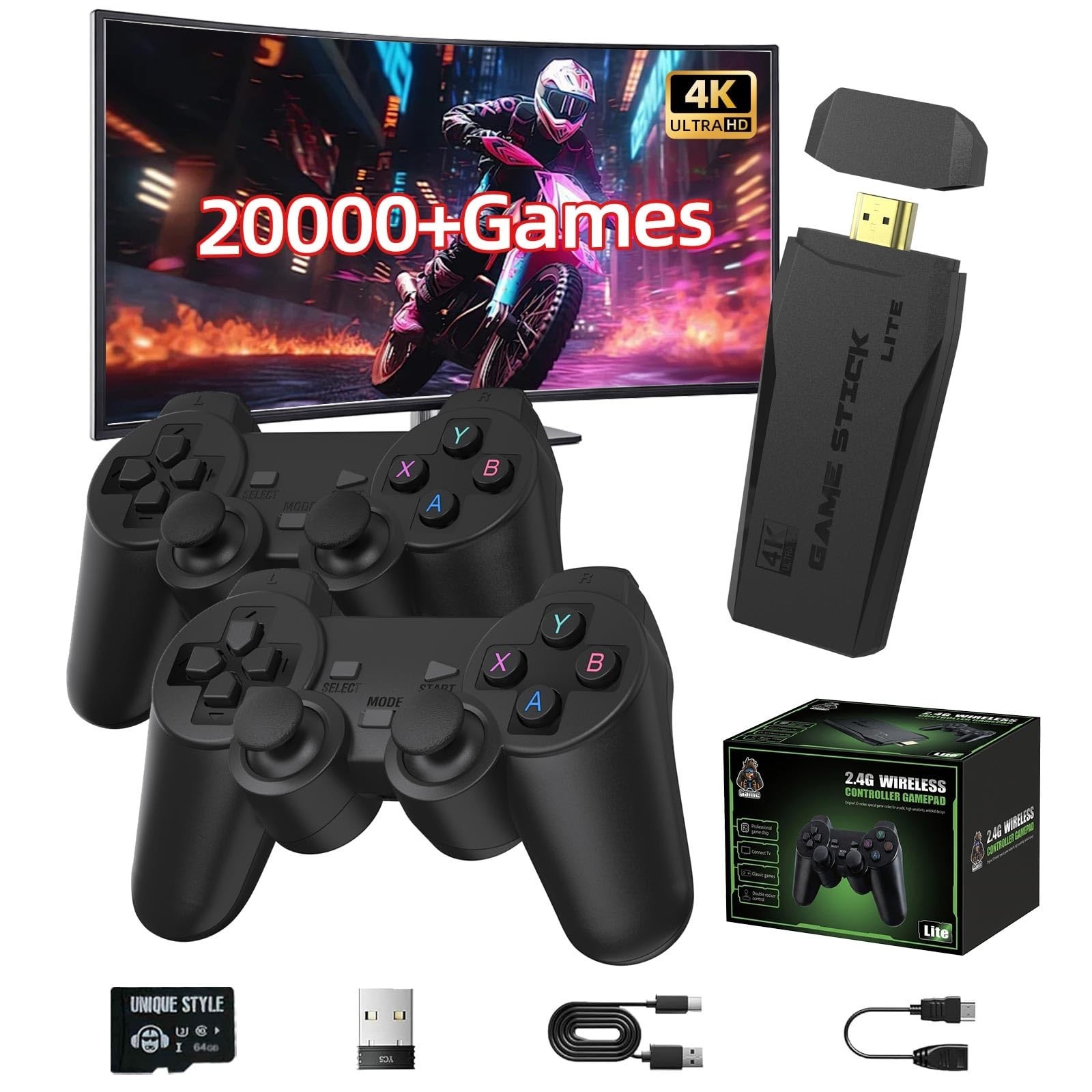 Retro Gaming Console 64GB, 4K HDMI, 2 Wireless Controllers, 20,000+ Games, Plug