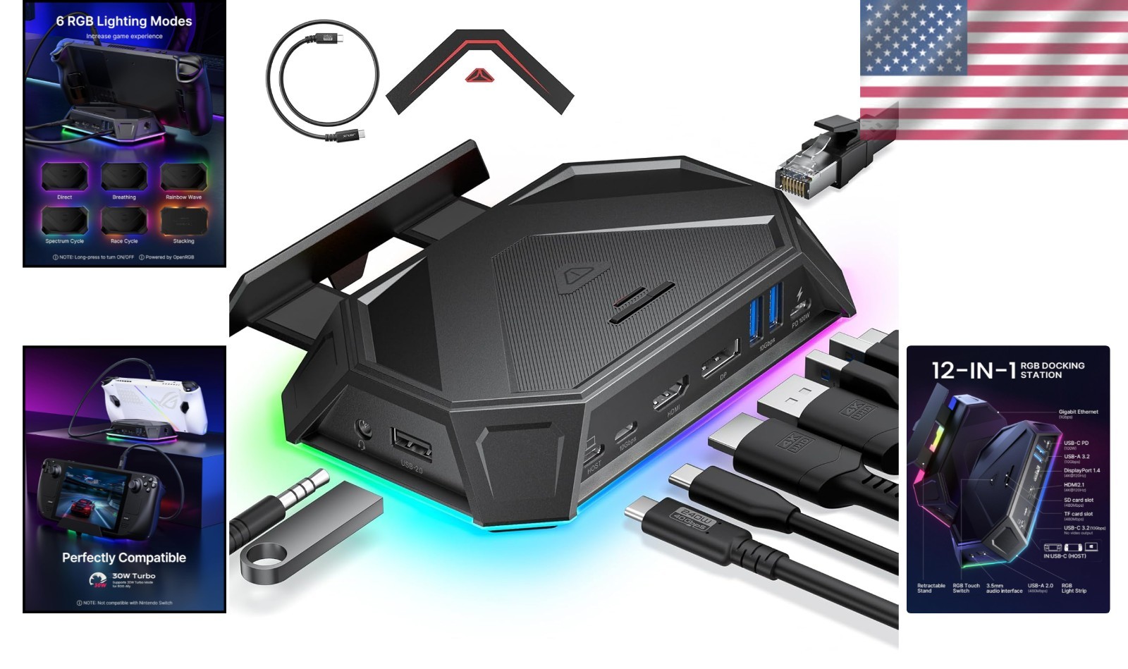 Steam Deck OLED/ROG Ally 12-in-1 RGB Dock, 4K@120Hz HDMI DP, 10Gbps USB