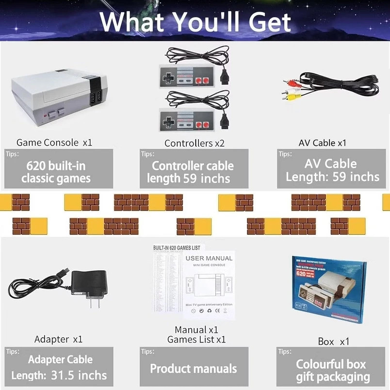 Mini Retro Game Console 620 Classic Games – 2 Controllers – AV Output – Kid Gift