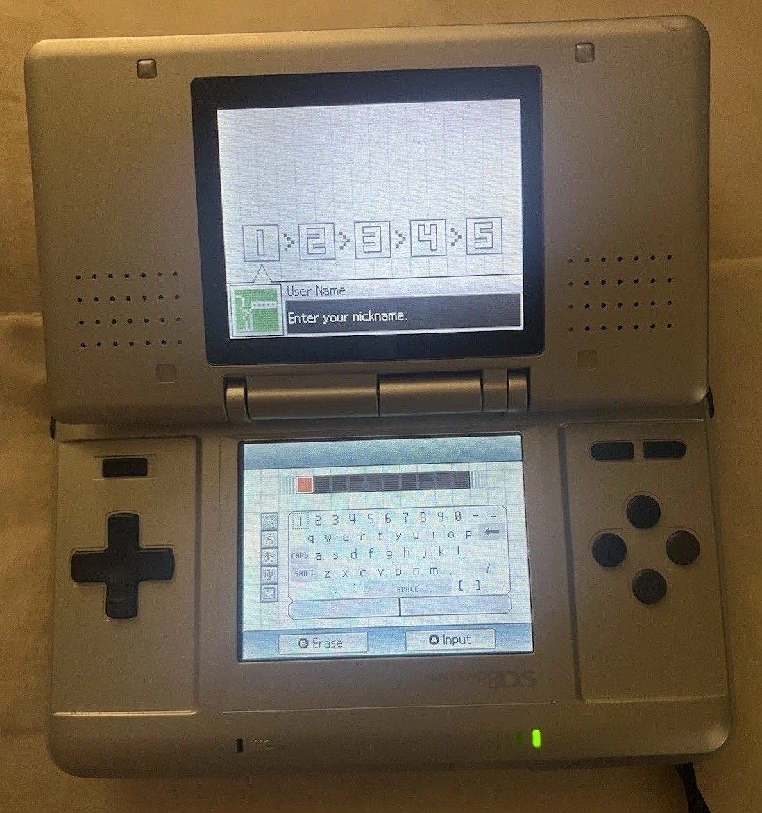 Nintendo DS System Silver NTR-001 WORKS GREAT W/CHARGER, CASE & 2 GAMES EUC