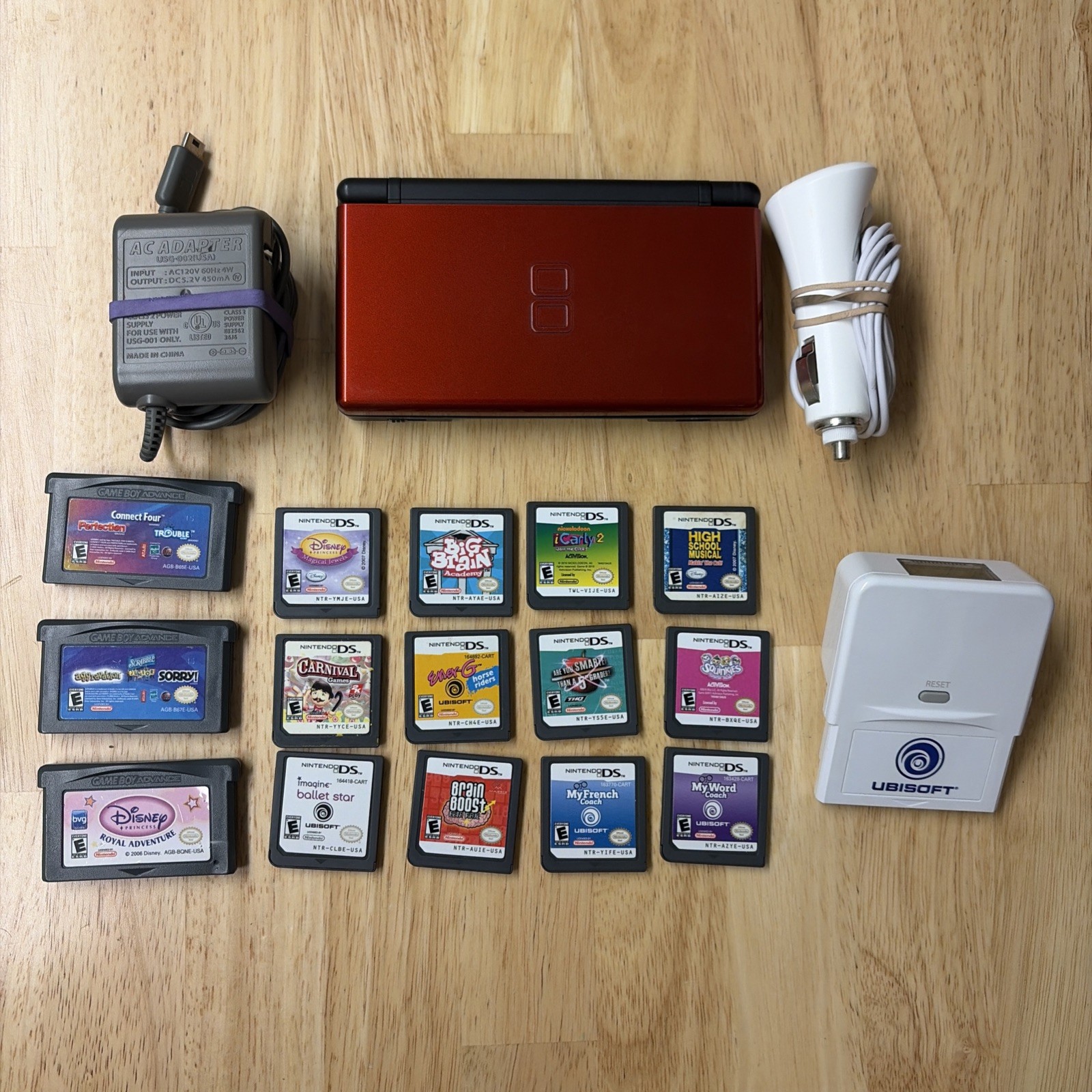 Nintendo DS Lite Crimson Handheld System Bundle Red/Black Charger 15 Games