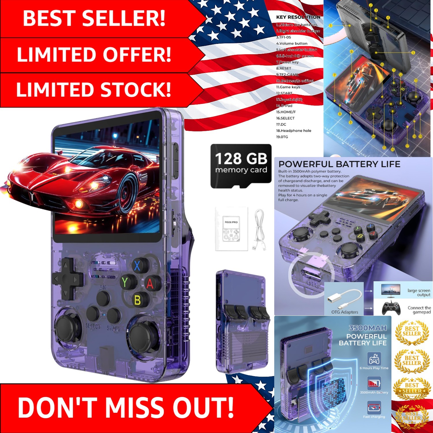 Portable R36s Pro Game Console – 40,000+ Classic Games, Ergonomic 3.5in IPS