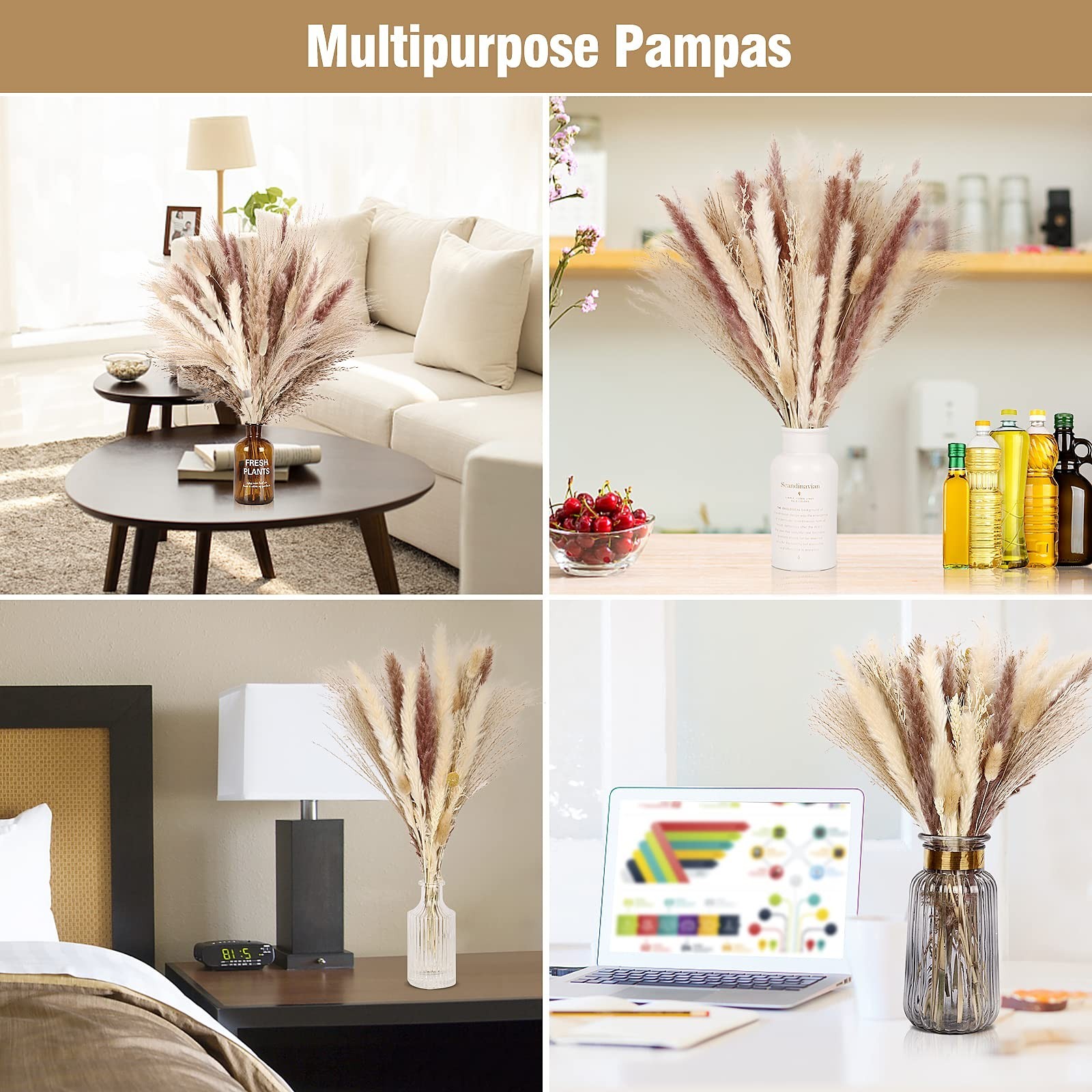 N&T NETING 75Pcs Pampas Grass Decor-10Pcs White Pampas Grass, 20Pcs Brown Pam…