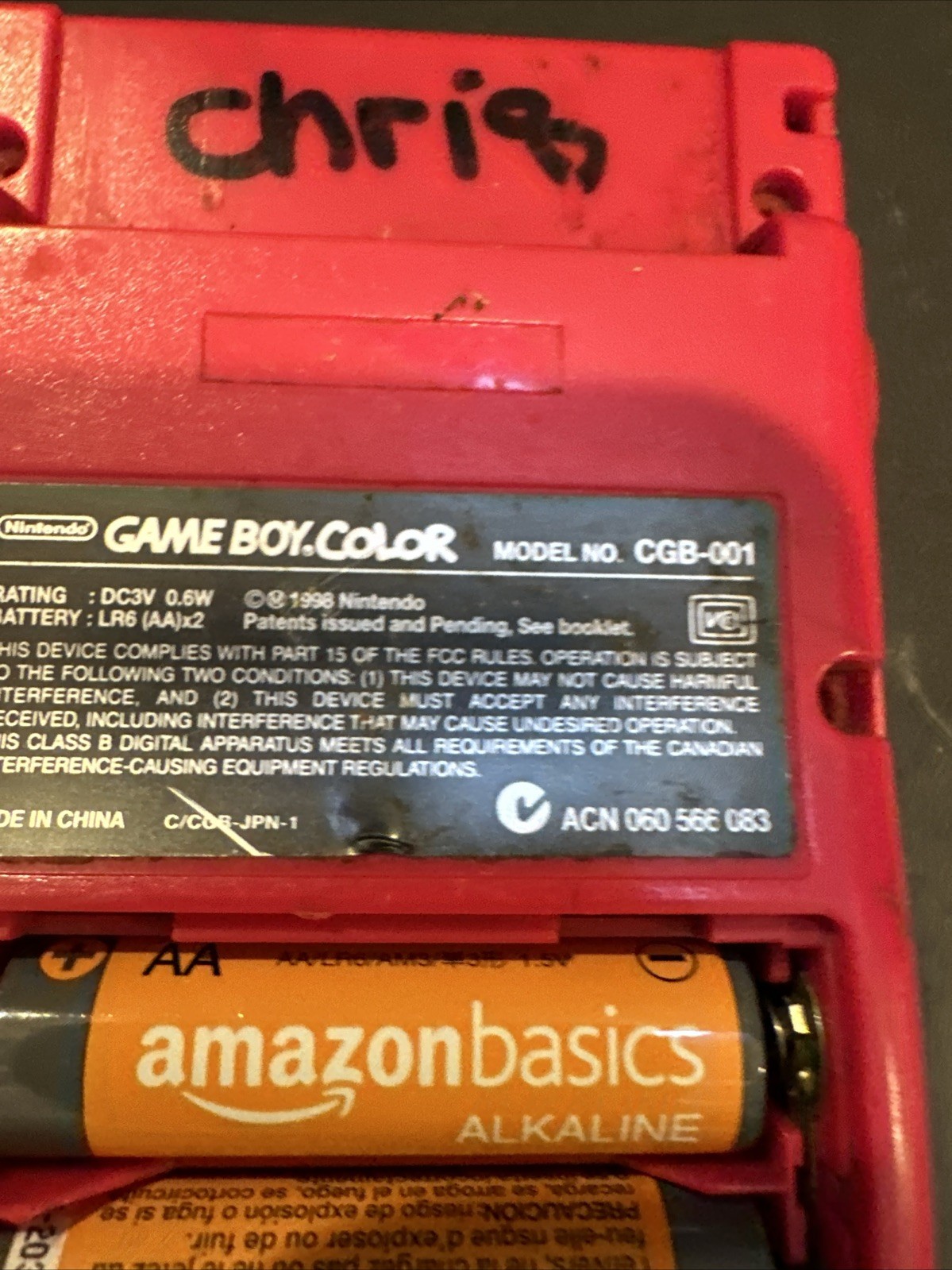Nintendo Game Boy RED no battery cover and written ON WITH MARKER #R32