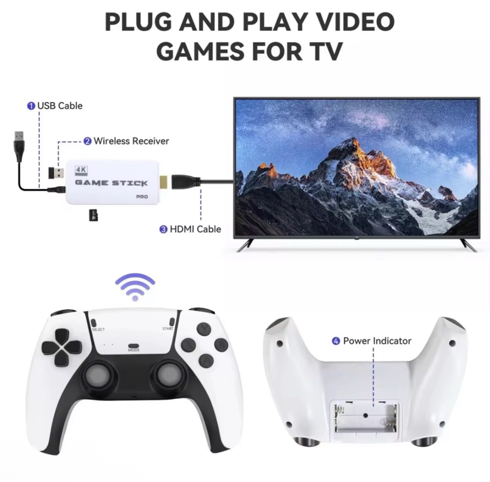 Retro Game Console 20000+ Games 4K HDMI Stick 2 Wireless Controllers Plug Play