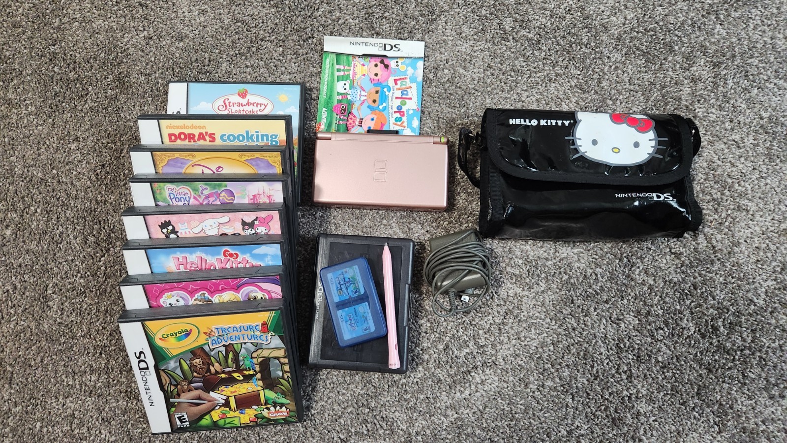 Nintendo DS Lite Metallic Rose Pink Console Bundle Hello Kitty Bag & 11 Games