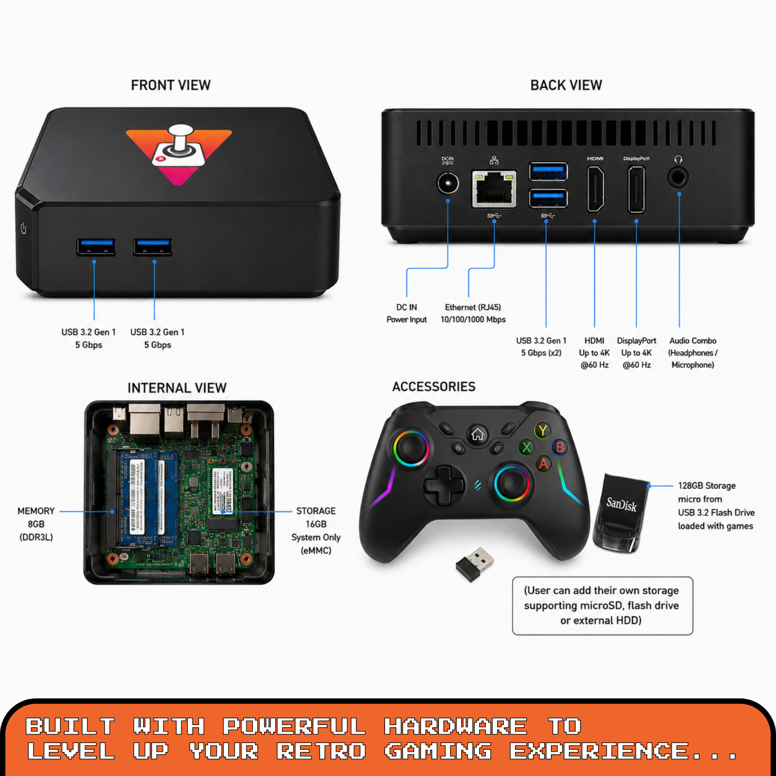 Retro Gaming Console Mini PC Batocera 128GB 8GB RAM Emulator Wireless Controller