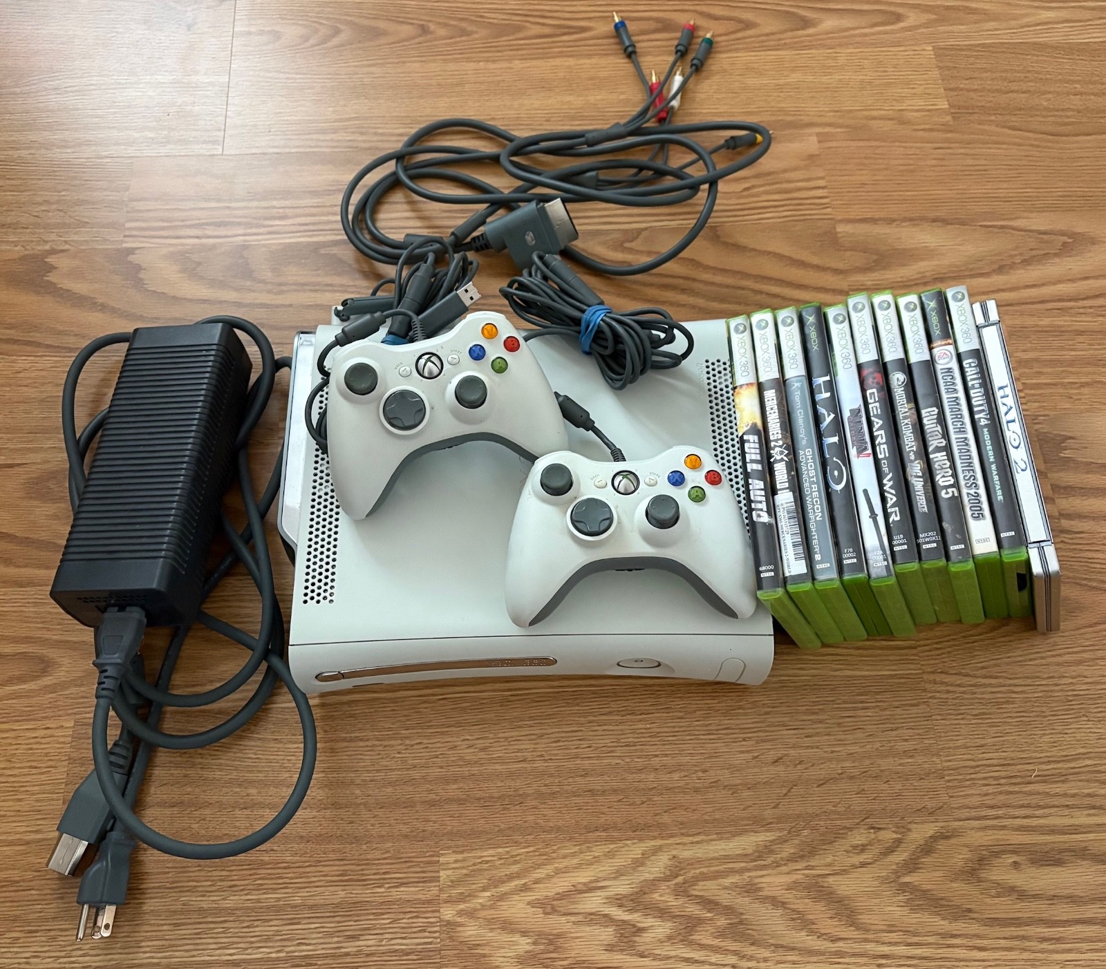 Microsoft XBox 360 console w/2 controllers & 11 games, power supply – BUNDLE