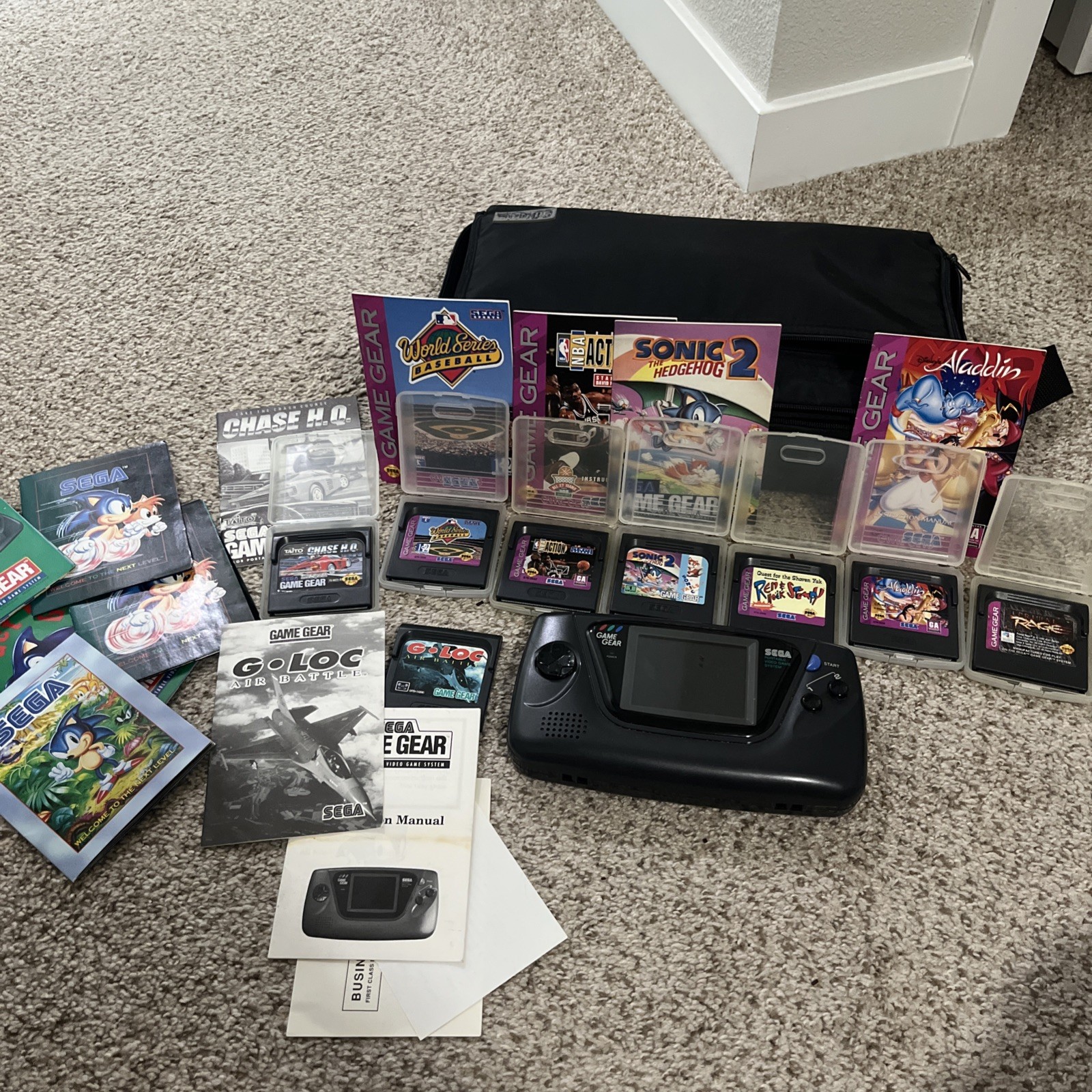 SEGA Game Gear Handheld System Lot, 8 Games, Case, 4 Posters-not working-parts
