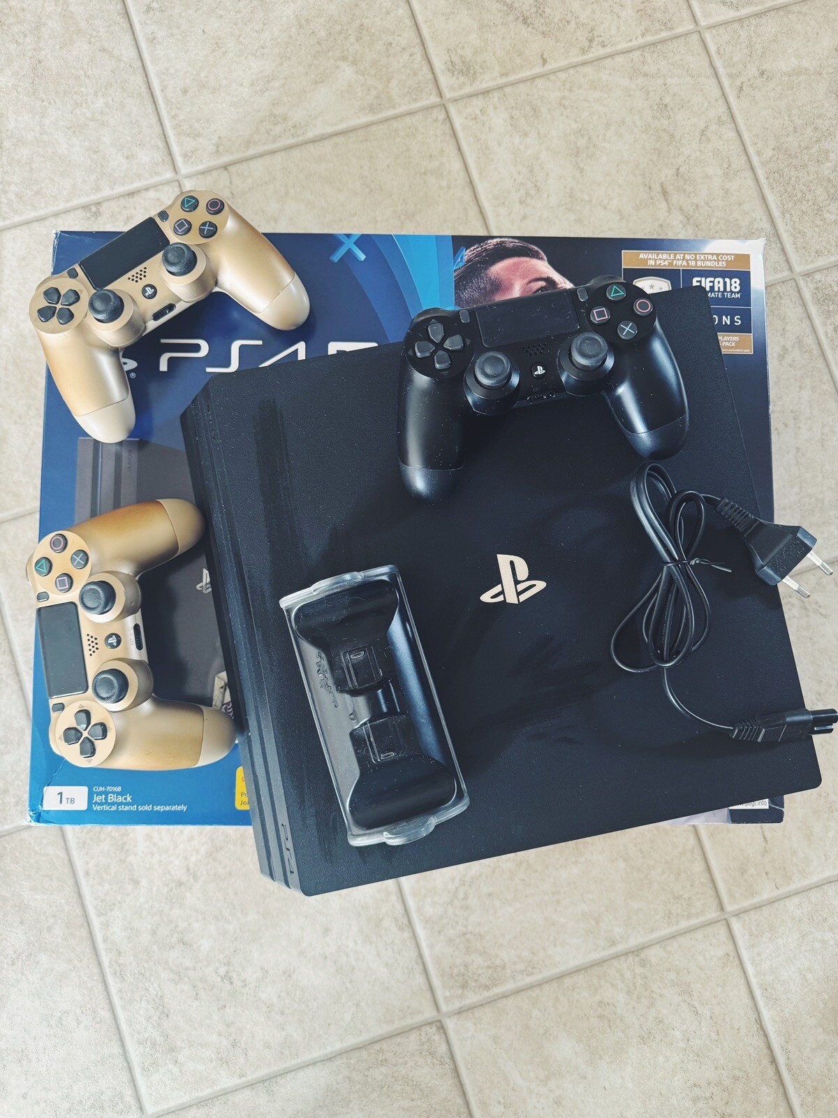 PS4 Pro Black Model, 3 Remotes, Console Stand Remote charger EU Plug Ship UPS