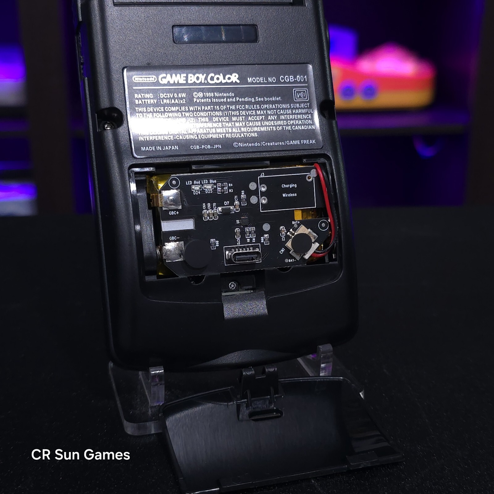 Black Gameboy Color Console OLED Touch Screen And USB-C Rechargeable Battery Mod