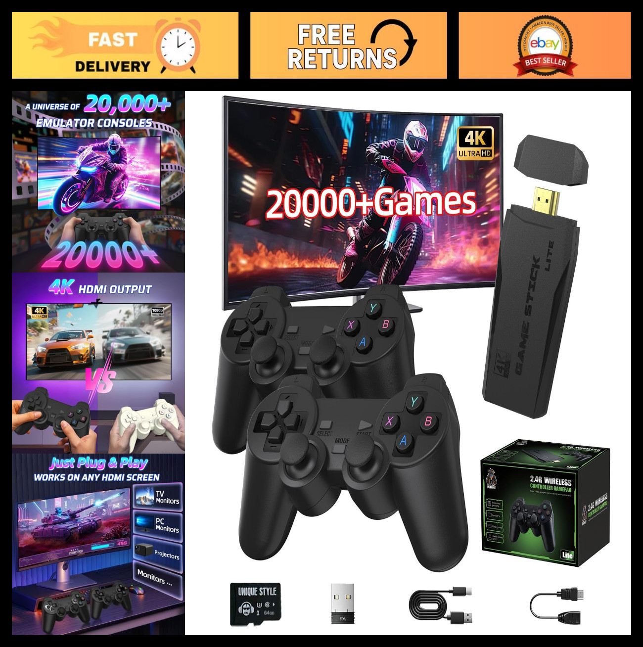 Retro Gaming Console 64GB, 4K HDMI, 2 Wireless Controllers, 20,000+ Games, Plug