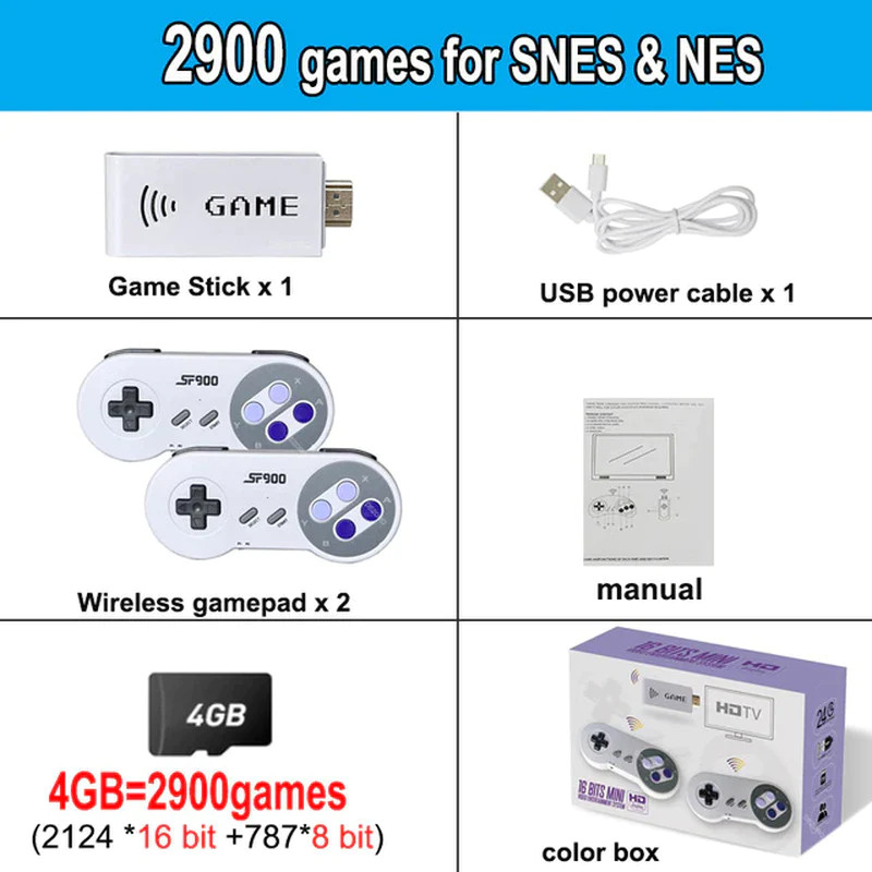 SF900 Retro Game Console HD Video Game Stick with 1500 Games for SNES Wireless C