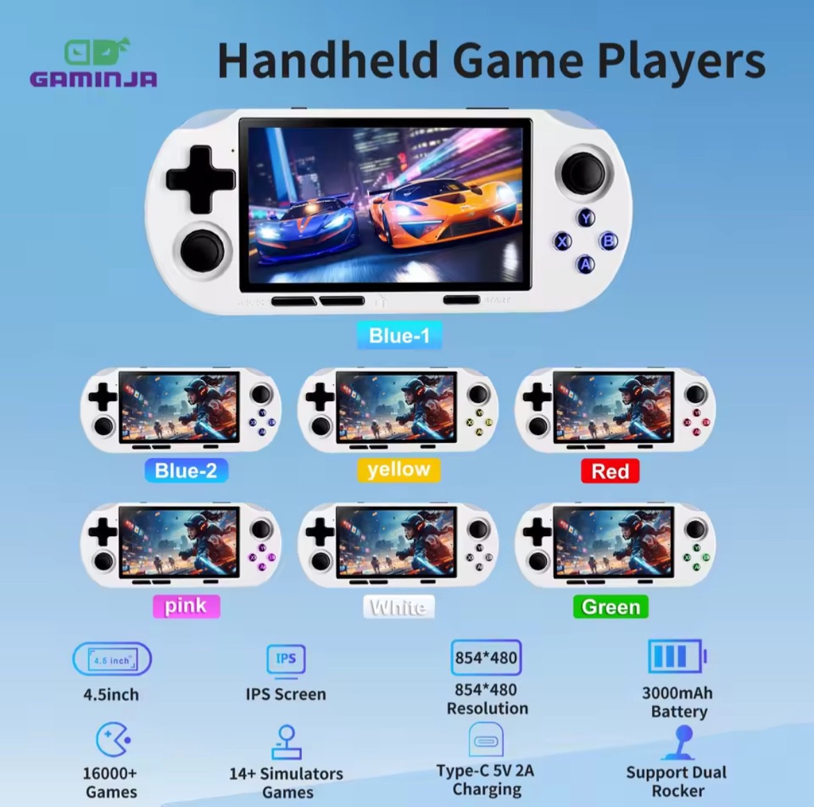 GAMINJA Handheld Console ANS16 4.5-inch IPS Screen RGB Backlight Pre-loaded with